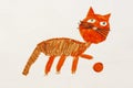 Red cat plays ball. Real drawing of a small child. Drawing by felt-tip pens. Royalty Free Stock Photo