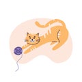 Red cat plays with a ball of yarn. Flat vector illustration in trendy colors, isolated on a white background Royalty Free Stock Photo