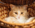 Red cat resting in a wicker basket Royalty Free Stock Photo