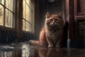 Red cat, sad lonely abandoned, under the rain illustration generative ai