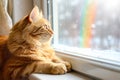 red cat sitting on a windowsill and looking outside on a rainbow