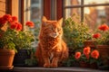 red cat sitting on the windowsill, sunset, potted flower