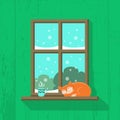 Red cat is sleeping and a cup of hot coffee or tea is standing on the windowsill