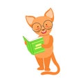 Red Cat Smiling Bookworm Zoo Character Wearing Glasses And Reading A Book Cartoon Illustration Part Of Animals In Royalty Free Stock Photo