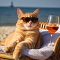 Red cat in sunglasses and two glasses of wine against the background of the beach and the sea, close-up, the cat is on vacation, Royalty Free Stock Photo
