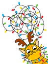 Red cat tangled christmas lights in christmas deer Royalty Free Stock Photo