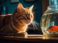 A red cat watches a fish in an aquarium. AI generated