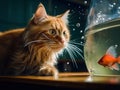 A red cat watches a fish in an aquarium. AI generated