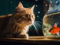 A red cat watches a fish in an aquarium. AI generated