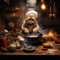 Red cat wearing chef hat and cooking in kitchen with various pots and pans