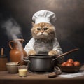 Red cat wearing chef hat and cooking in kitchen with various pots and pans