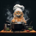 Red cat wearing chef hat and cooking in kitchen with various pots and pans