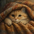 red cat wrapped in a multi-coloured blanket hides from the cold in winter, the cat looks out from under the blanket