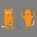 Red cats fishing. Funny cat with a fishing rod in his hands catches fish. Vector illustration. Comics. Coloring for Royalty Free Stock Photo