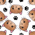 Red cats seamless pattern. Cat paws background vector illustration. Cute cartoon pastel character for nursery girl or Royalty Free Stock Photo