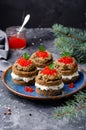 Red Caviar Appetizer, Bread, Cream Cheese, Lentil Filling Snack, Dark Background