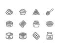 Red caviar flat line icons set. Canned fish eggs, tobiko roe, appetizer vector illustrations. Outline signs for seafood