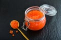 Red caviar in the glass jar on black slate background Royalty Free Stock Photo