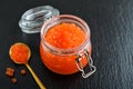 Red caviar in the glass jar on black slate background Royalty Free Stock Photo