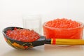 Traditional russian food. Red salmon caviar and shot glass of vodka. Royalty Free Stock Photo