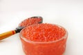 Traditional russian food. Red salmon caviar glass jar. Royalty Free Stock Photo