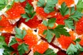 Red caviar is laid on a piece of bread garnished with parsley leaves Royalty Free Stock Photo