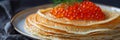 Red Caviar Pancakes, Caviar Crepes Closeup, Gourmet Breakfast, Luxury Blini with Copy Space Royalty Free Stock Photo