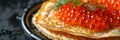 Red Caviar Pancakes, Caviar Crepes Closeup, Gourmet Breakfast, Luxury Blini with Copy Space Royalty Free Stock Photo