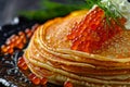 Red Caviar Pancakes, Caviar Crepes Closeup, Gourmet Breakfast, Luxury Blini with Copy Space Royalty Free Stock Photo