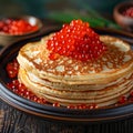 Red Caviar Pancakes, Caviar Crepes Closeup, Gourmet Breakfast, Luxury Blini with Copy Space Royalty Free Stock Photo