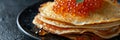 Red Caviar Pancakes, Caviar Crepes Closeup, Gourmet Breakfast, Luxury Blini with Copy Space Royalty Free Stock Photo