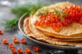 Red Caviar Pancakes, Caviar Crepes Closeup, Gourmet Breakfast, Luxury Blini with Copy Space Royalty Free Stock Photo