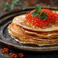 Red Caviar Pancakes, Caviar Crepes Closeup, Gourmet Breakfast, Luxury Blini with Copy Space Royalty Free Stock Photo