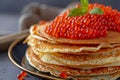 Red Caviar Pancakes, Caviar Crepes Closeup, Gourmet Breakfast, Luxury Blini with Copy Space Royalty Free Stock Photo