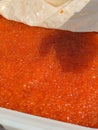 red caviar in plastic container. Salmon caviar, diet food Royalty Free Stock Photo