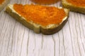 Red caviar salmon roe on a slice of bread and butter . Royalty Free Stock Photo