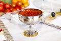 Red Caviar in Silver Bowl at the Festive Table Royalty Free Stock Photo