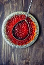 Red caviar in silver plate with spoon on wooden table. Royalty Free Stock Photo