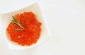 Red caviar in small bowls on white background. top view.