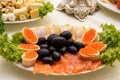 Red caviar with smoked salmon snack. Russian cuisine appetizer Royalty Free Stock Photo