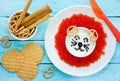 Red caviar sour cream dip for crackers, food art idea for kids