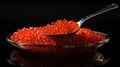 Red Caviar in a spoon. Caviar in bowl over black background. Close-up salmon caviar. Delicatessen. Gourmet food, isolated on black Royalty Free Stock Photo