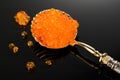 Red Caviar in a spoon over black background. Close-up of salmon fish roe caviar. Delicatessen Royalty Free Stock Photo