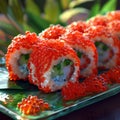 Red Caviar Sushi Rolls, Traditional Japanese Susi, Caviar Sushi Set, Copy Space Royalty Free Stock Photo