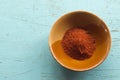 Red cayenne pepper on ceramic bowl on blue pastel wooden table background, Spicy Seasoning of Thai`s food Royalty Free Stock Photo