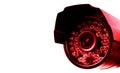 Red CCTV security camera video equipment. Surveillance monitoring. Video camera lens closeup. Macro shot. Security concept. Securi Royalty Free Stock Photo