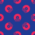 Red CD or DVD disk icon isolated seamless pattern on blue background. Compact disc sign. Vector Royalty Free Stock Photo