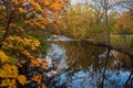 Red Cedar river winding through Michigan State University campus during the Fall