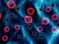 Red cells and black coronaviruses floating tougether Royalty Free Stock Photo