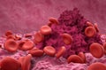 Red cells and fibrin coagulum - closeup view 3d illustration